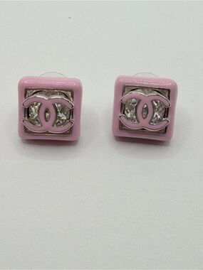 CHANEL Pink CC Square Crystal Stud Earrings